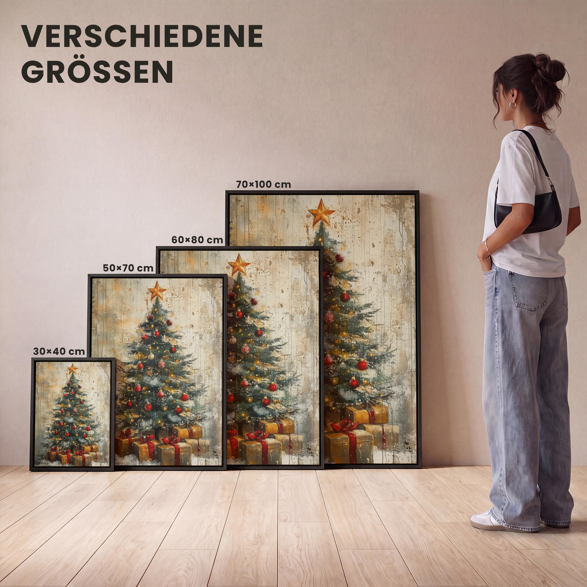 LEINWAND Bilder mit Rahmen - Weihnachtsbaum - Vintage - Weihnachten - Geschenk - 30x40 - Rostfarben, Textil (30/40cm) - MuchoWow