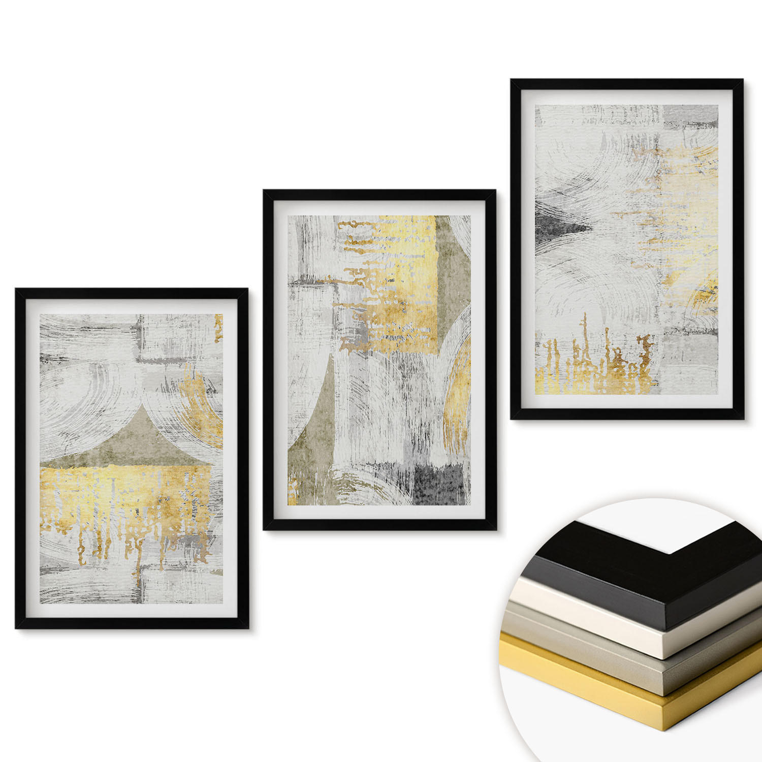 WANDBILDER 3er-Set - 40x60 cm Schwarzer Rahmen - Abstrakte modische Malereimuster - Schwarz, Kunststoff (40/60cm) - ArtPrintCave