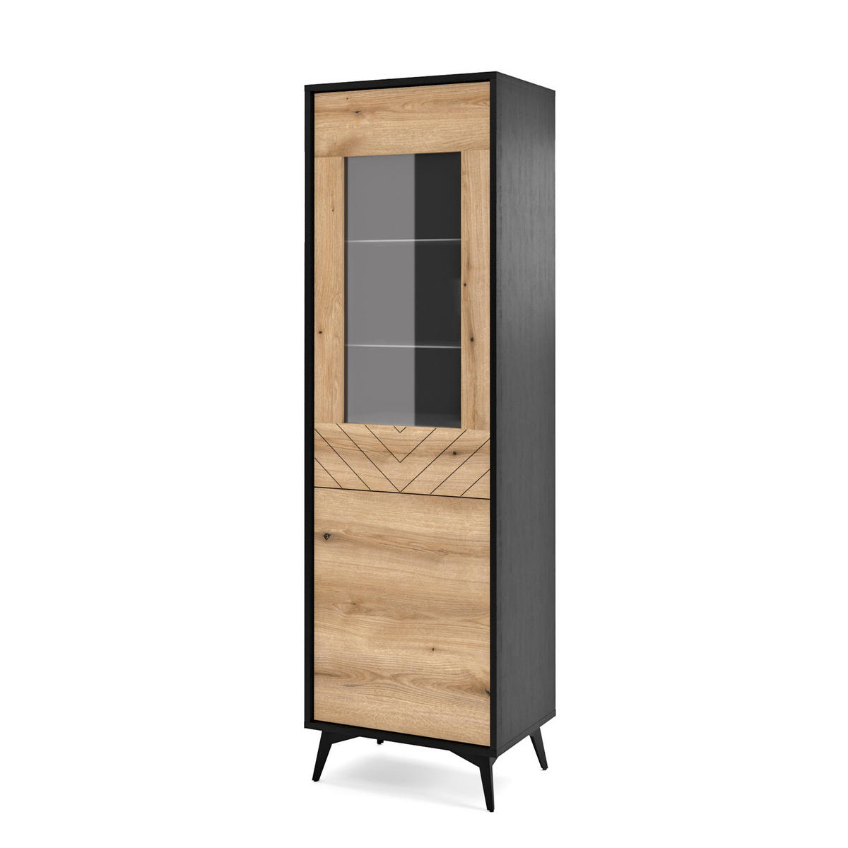 VITRINE Boulia Schwarz mit Fischgrätfronten in Eiche - Eichefarben/Schwarz, Holzwerkstoff/Metall (54/178/39cm) - Selsey