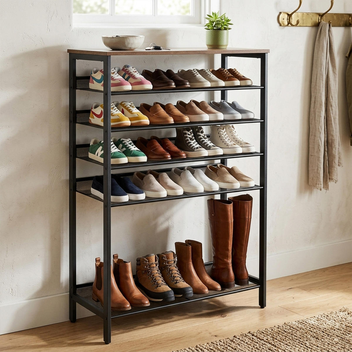 SCHUHREGAL Vintagebraun Metall MDF 8 Ebenen 137 cm - Schwarz, Holzwerkstoff/Metall (75/137/30cm) - Relaxdays