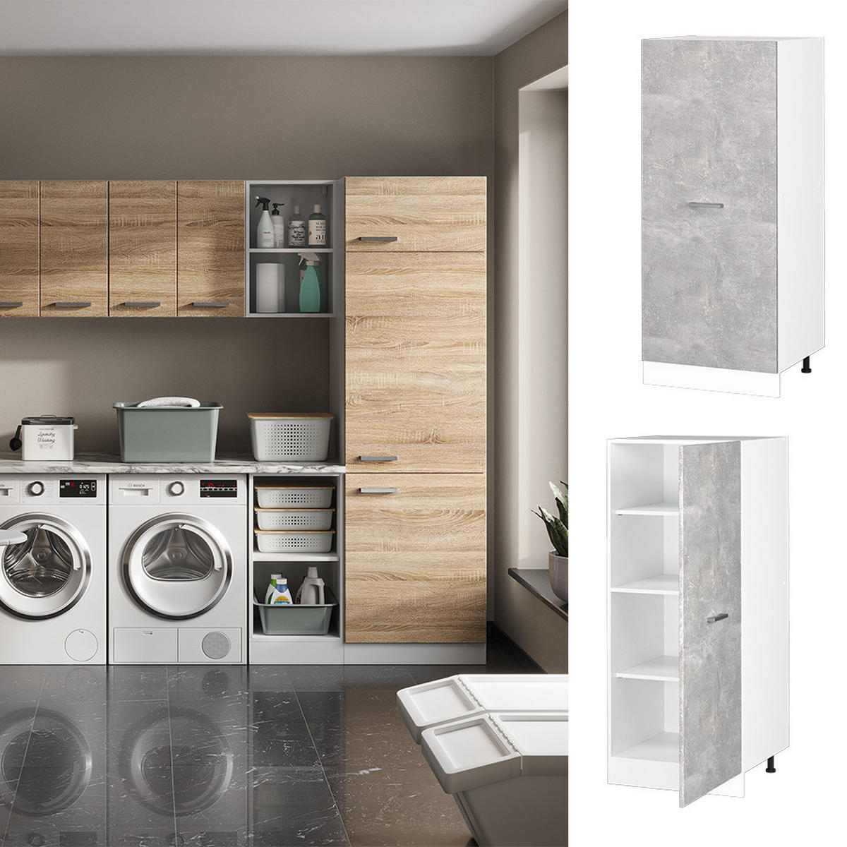HOCHSCHRANK R-Line Beton 60 cm mit großer Tür - Schieferfarben/Weiß, Holzwerkstoff (60/143/57.2cm) - Vicco