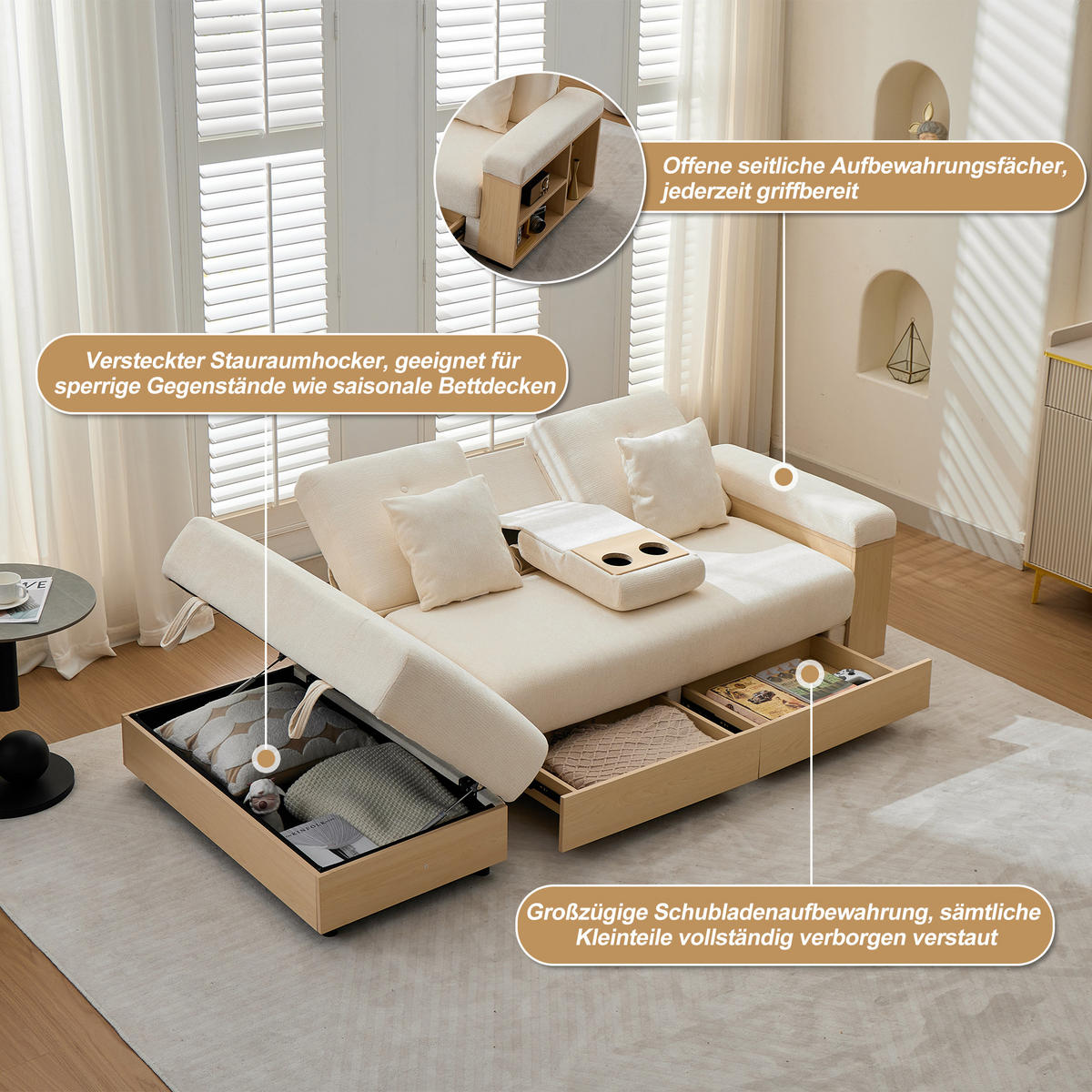 SCHLAFSOFA Beige mit Chenille-Bezug, dreistufig verstellbarer Rückenlehne und vielfältigem Stauraum 217 × 110 × 90 cm - Beige, Textil (217/90/110cm) - Luhomfu