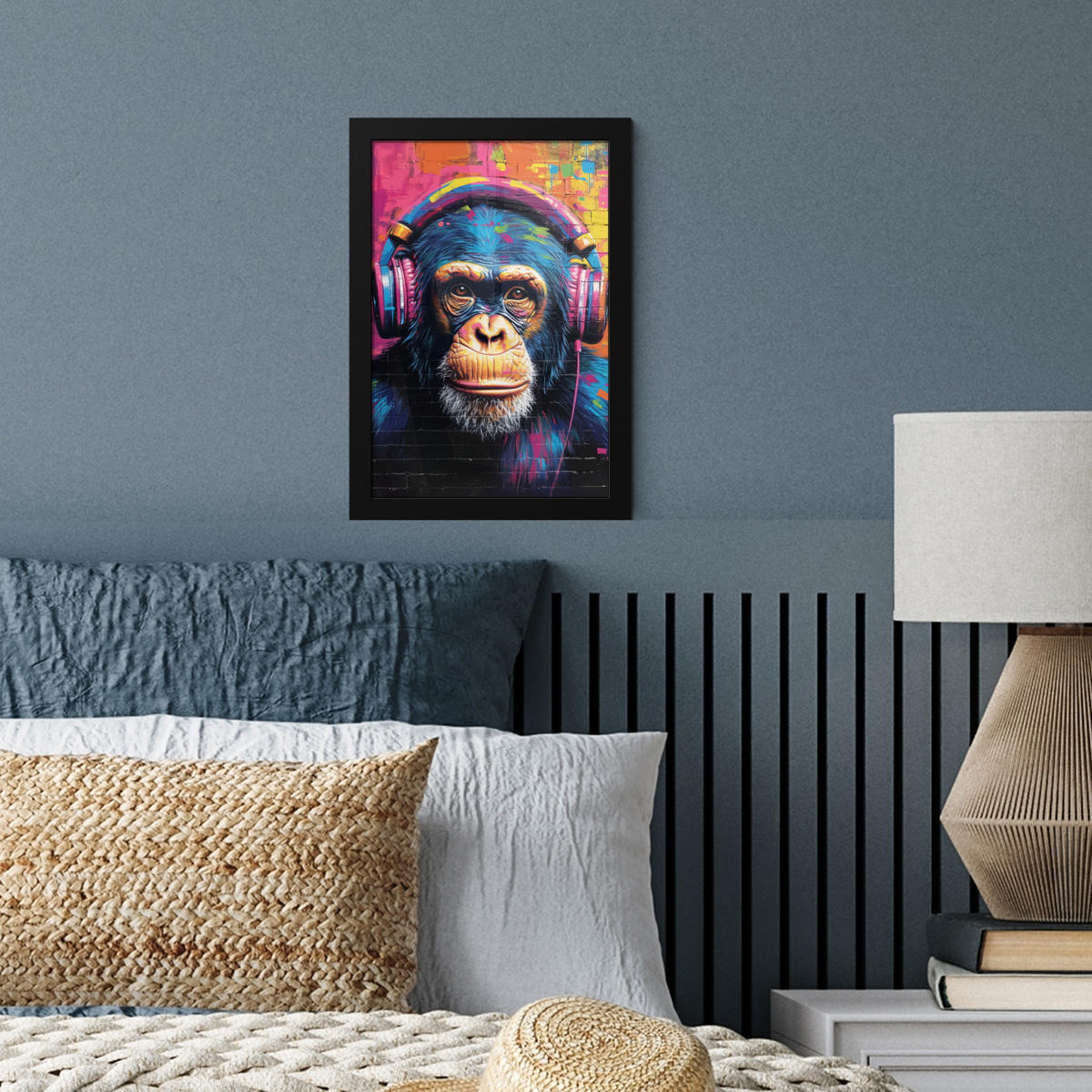 GERAHMTES BILD Graffiti - Schimpanse - Straßenkunst - Kopfhörer - Affe 20x30 cm - Blau, Papier (20/30cm) - MuchoWow