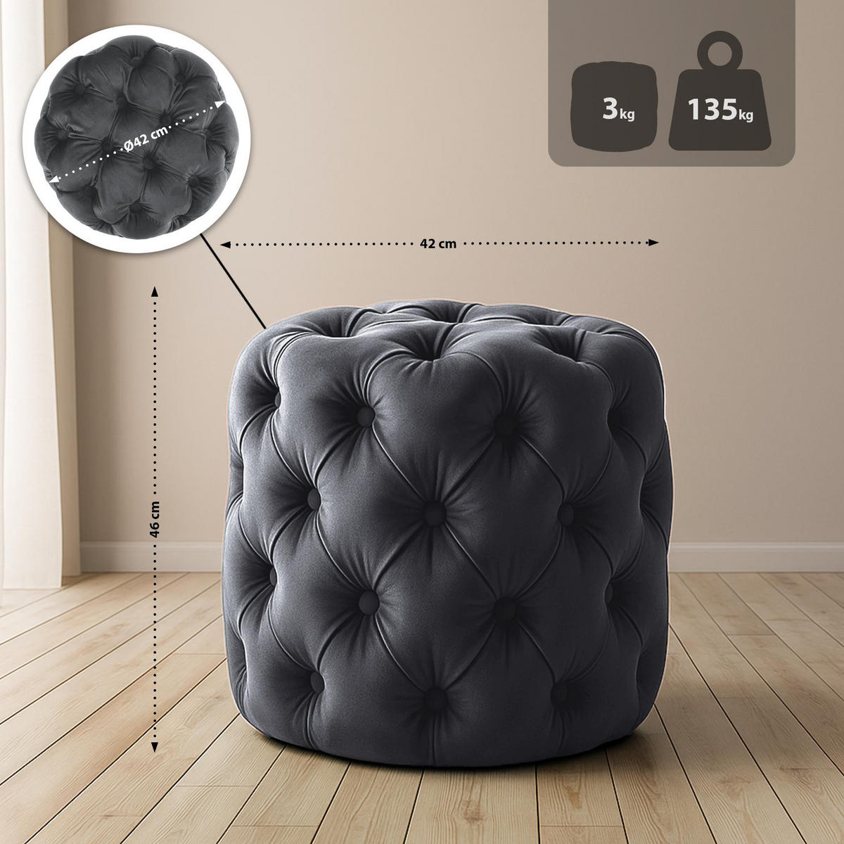 SITZHOCKER Bador Samt Dunkelgrau Hocker Schlafzimmer - Dunkelgrau, Textil (42/46/42cm) - DELUKE