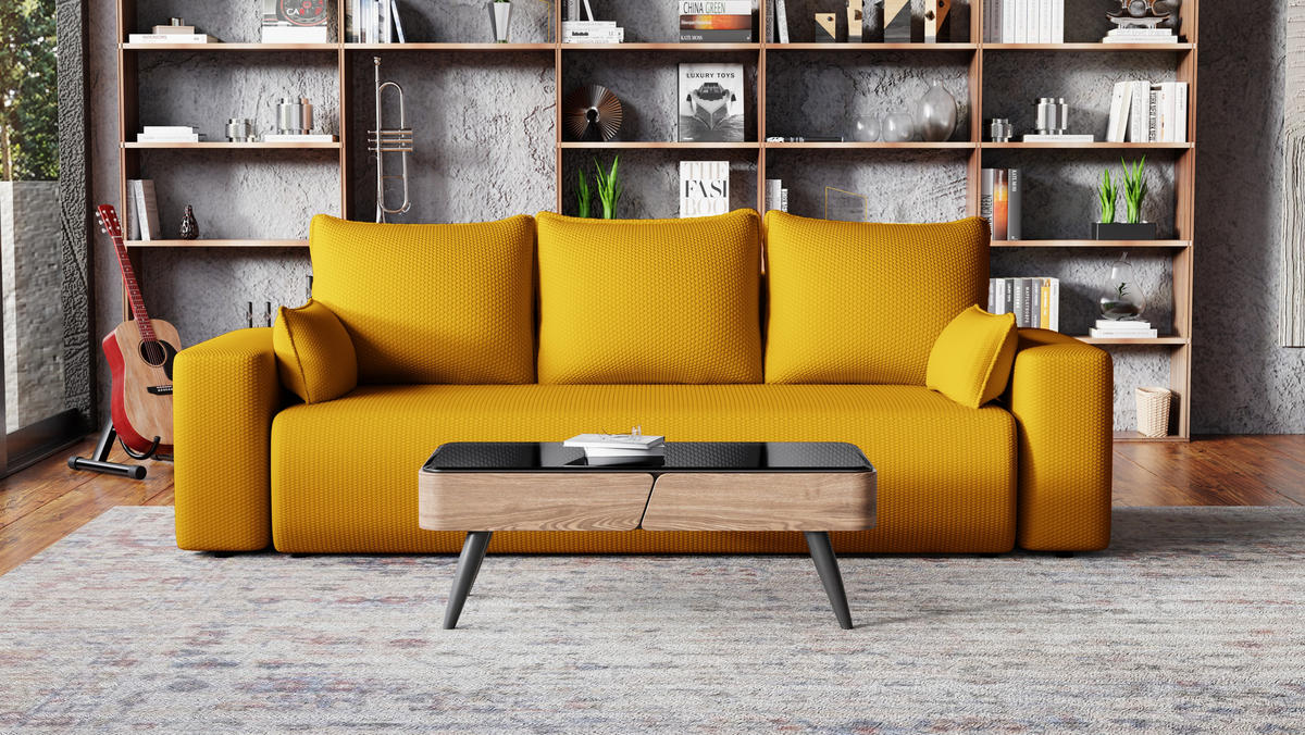 SOFA Bubi mit Bettkasten und Schlaffunktion, Cordstoff - Honig, Holzwerkstoff (242/85/95cm)