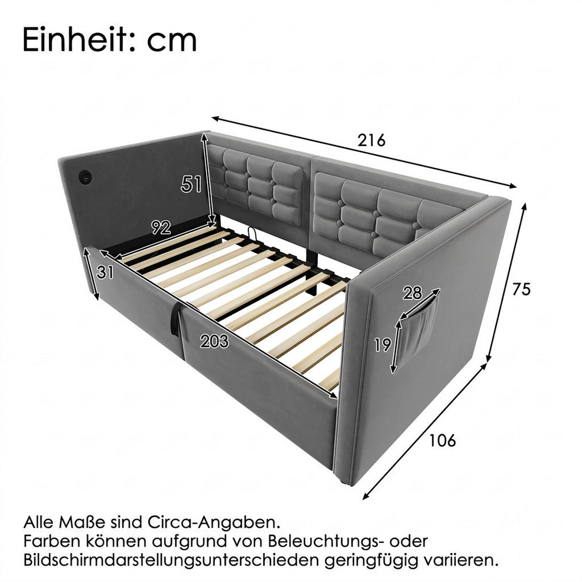 POLSTERBETT 90/200 cm Grau mit Hydraulischem Stauraum und USB/Type-C Ladestation - Grau, Holz/Textil (90/200cm) - Oxeza