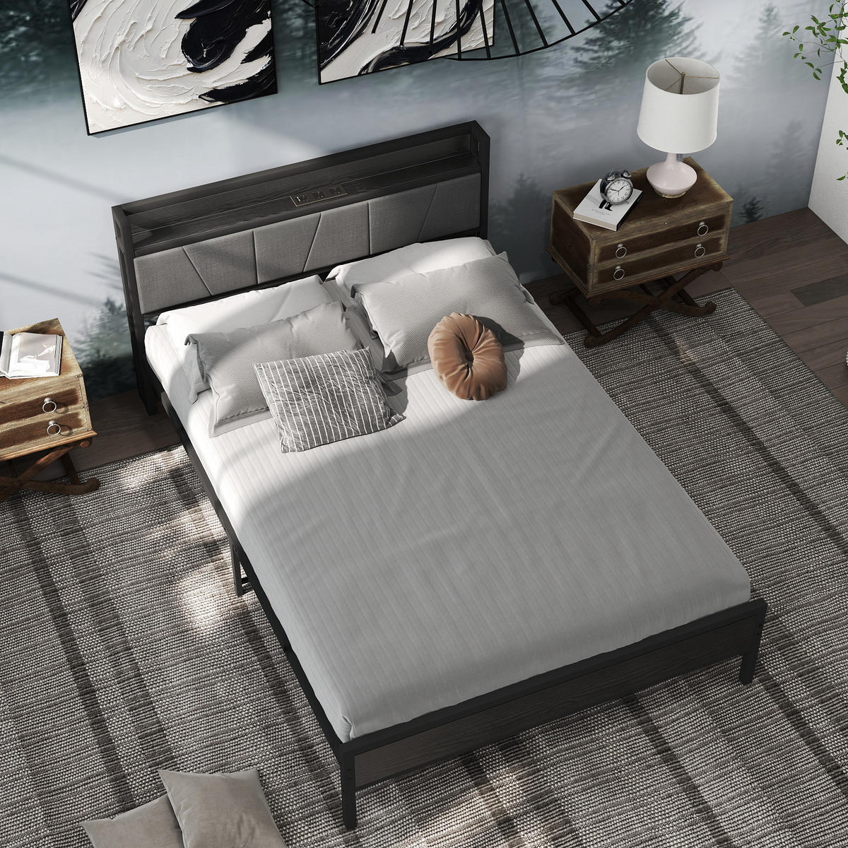 METALLBETT 140/200 cm Schwarz mit Stauraum-Kopfteil mit 2 USB-Ladeanschlüssen - Schwarz, Metall (140/200cm) - OKWISH