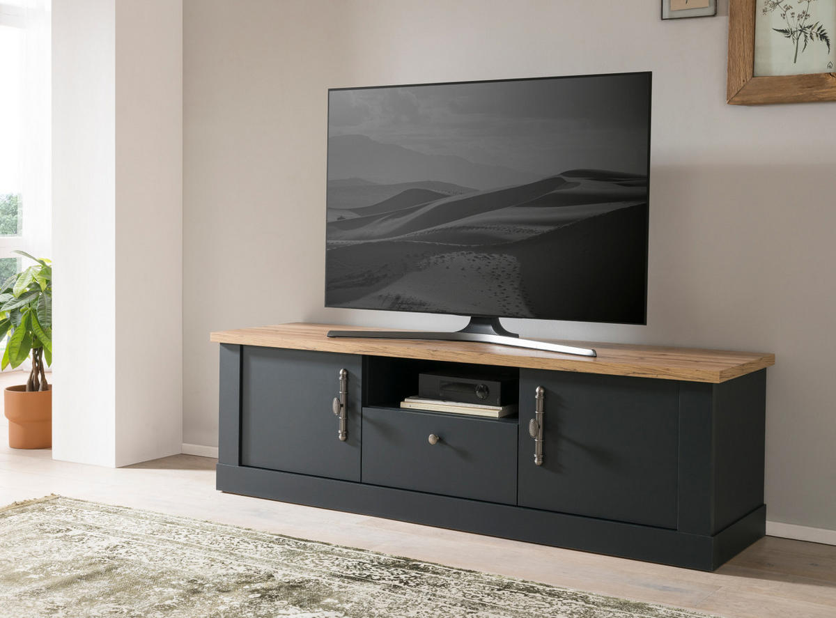 TV-LOWBOARD grau, Eiche Wotan, Landhaus 158 cm, TV Unterteil mit Soft-Close - Silberfarben/Eiche Wotan, Holzwerkstoff/Kunststoff (158/51/45cm) - Furn.Design