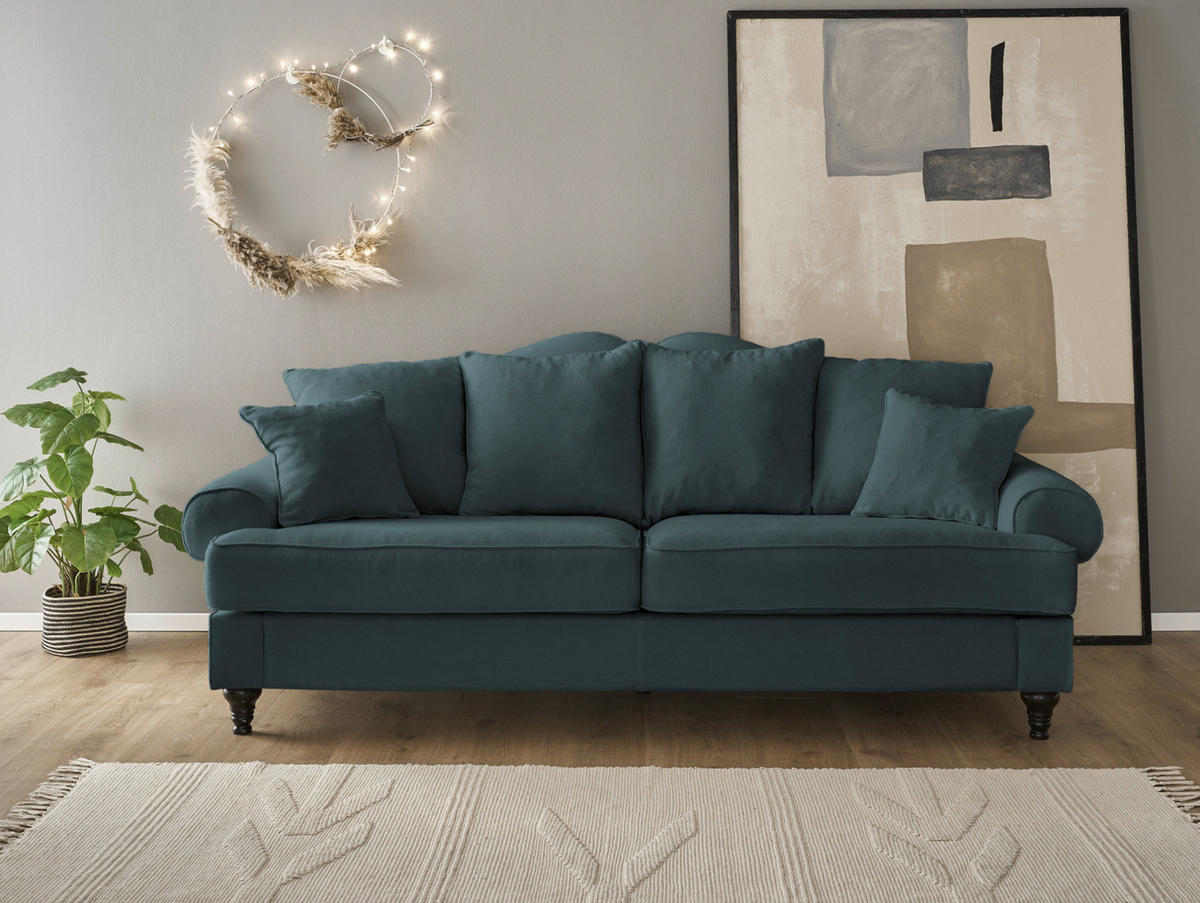 SOFA blaugrün Landhaus, Couch 3,5-Sitzer 230 cm - Dunkelgrün, Holz/Textil (230/95/100cm) - Furn.Design