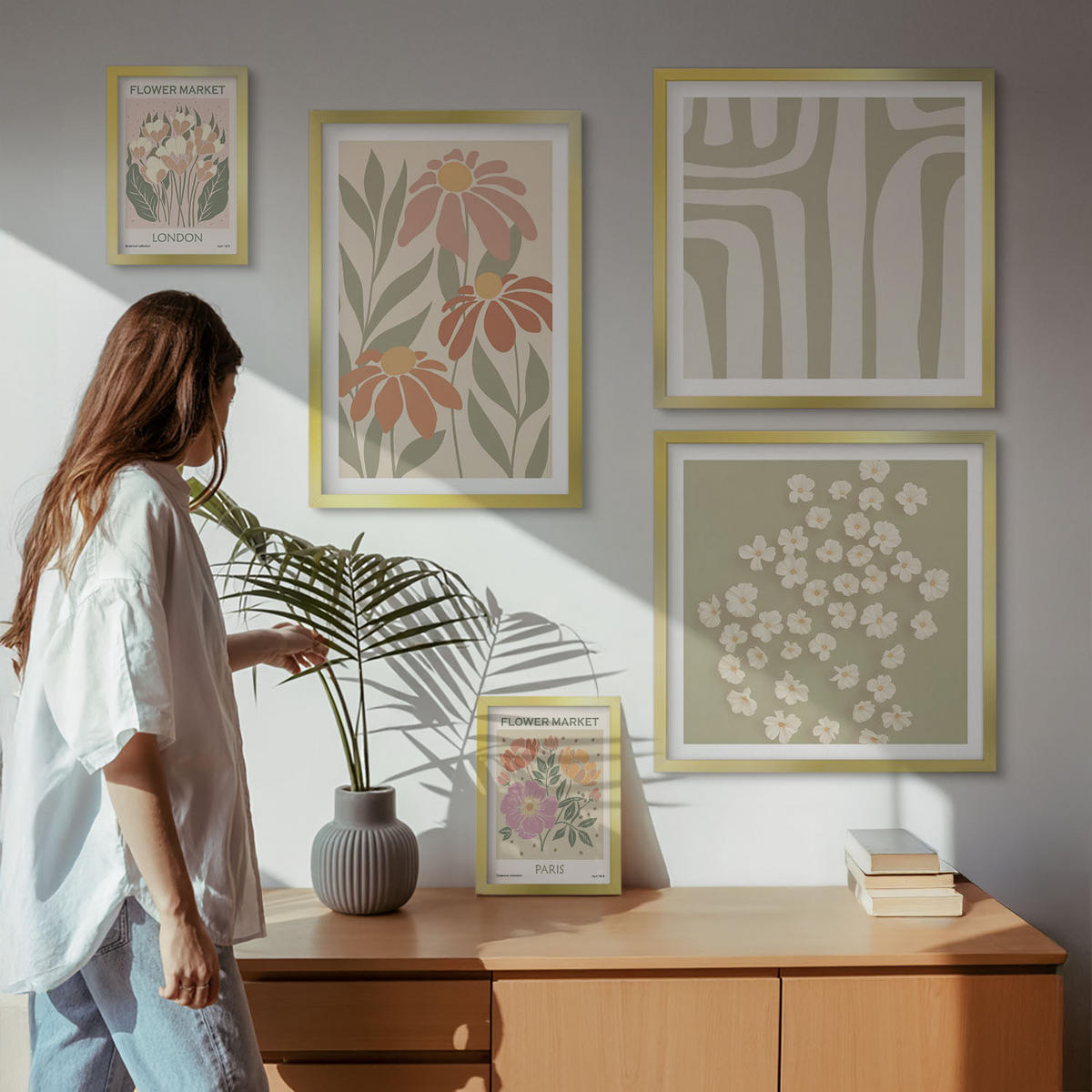 WANDBILDER 5er Set - 50x50 cm & 20x30 cm & 40x60 cm Goldrahmen - Botanische Motive, Pariser Minimalismus - Goldfarben, Kunststoff (40/60cm) - ArtPrintCave