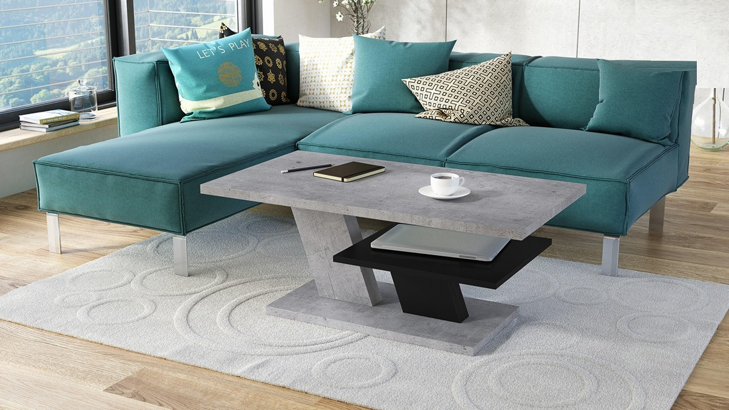 COUCHTISCH rechteckig Beton - Schwarz mit Ablage - Hellgrau/Schwarz, Holzwerkstoff (60/110/45cm) - designimpex