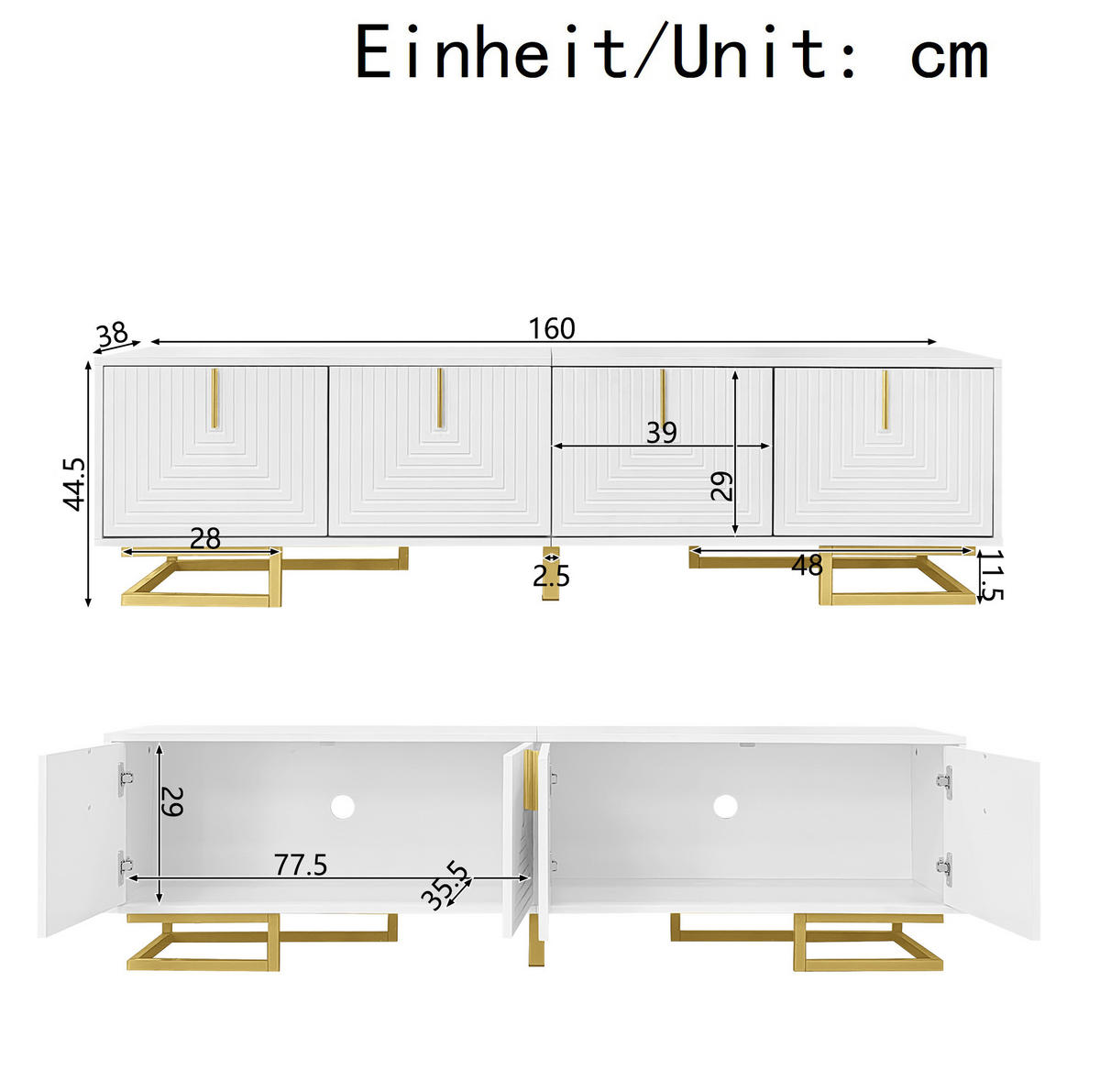 TV-LOWBOARD aus Spanplatte 160x38x44,5 cm Weiß mit 4 Türen, goldfarbenen Griffen und Metallfüßen - Weiß, Holzwerkstoff (160/44.5/38cm) - IVMEU
