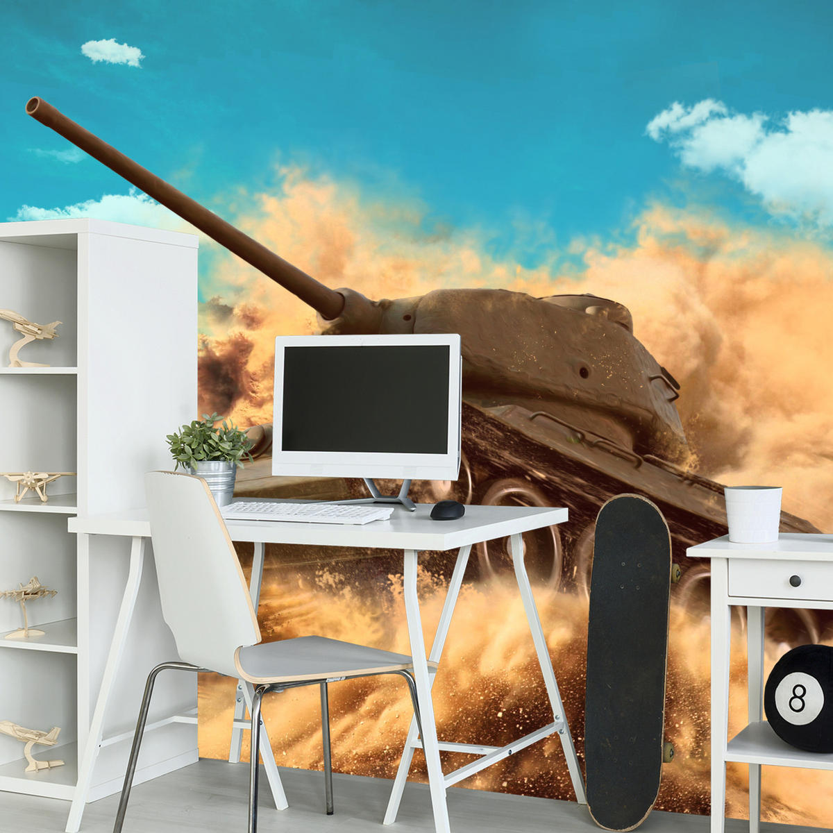 FOTOTAPETE für Jugendzimmer Kampfs Panzer Wüste Sand Dynamik 250x175 - Blau/Beige, Papier (250/175cm) - Muralo