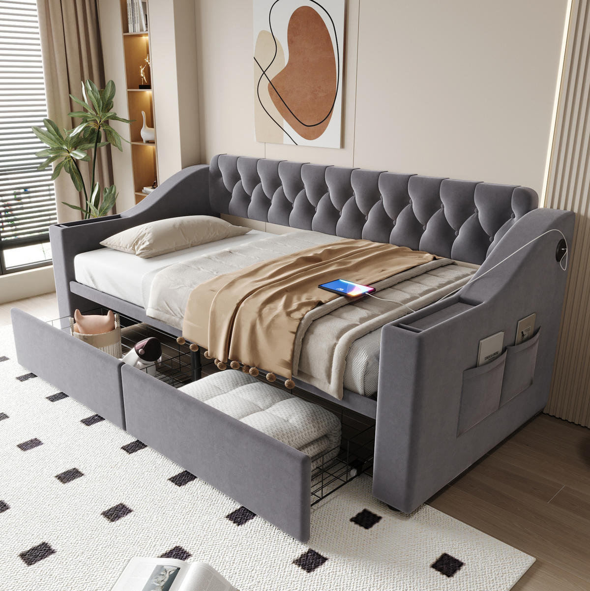 POLSTERBETT aus Samt 90x190 cm Dunkelgrau mit USB- und Typ-C-Anschluss, Stauraumarmlehnen und 2 Schubladen - Grau, Textil (90/190cm) - Modfu