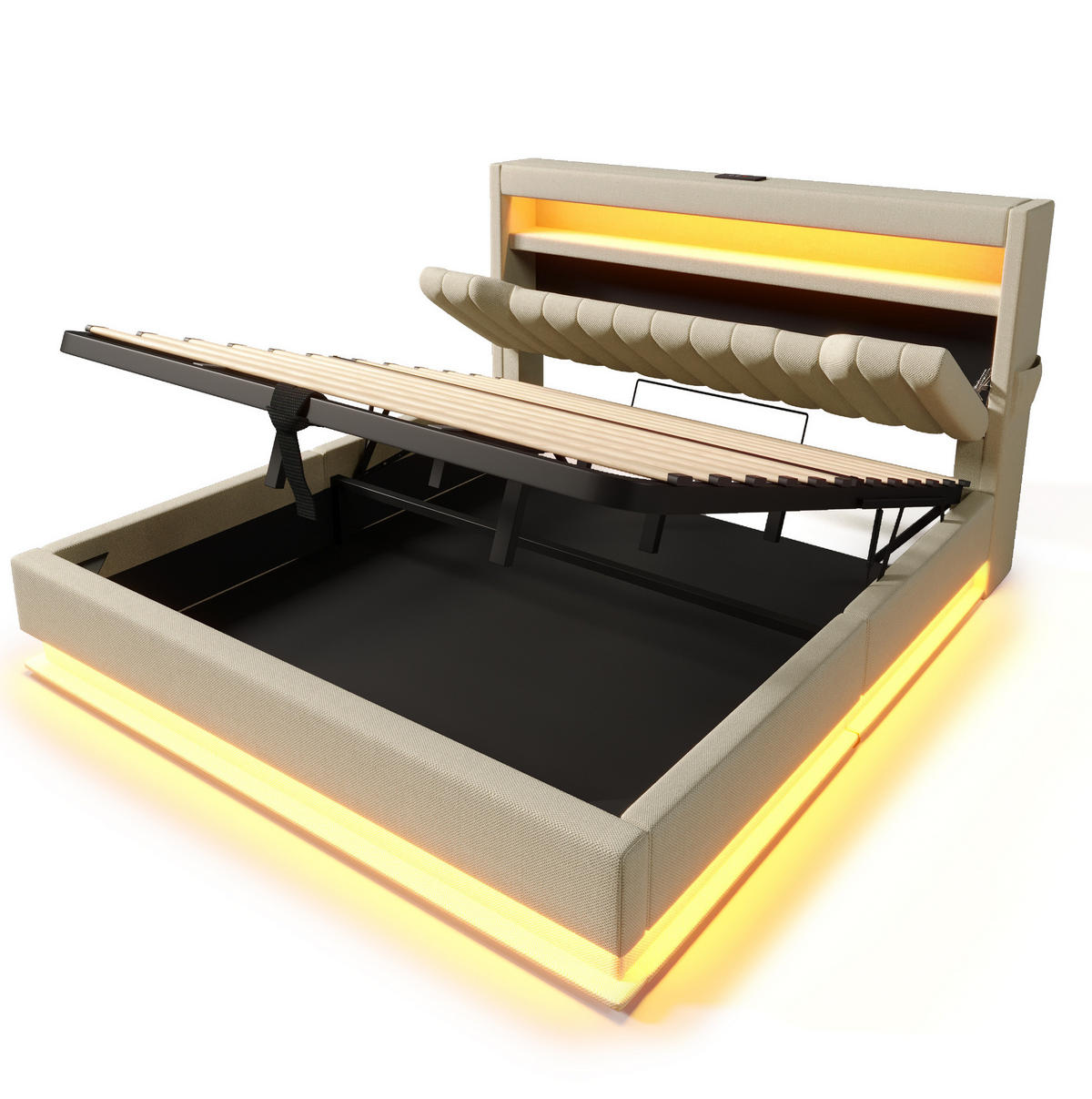 POLSTERBETT 140/200 cm Beige aus Leinen mit Stauraum, LED-Beleuchtung und USB - Beige, Textil (140/200cm) - Flora Grace
