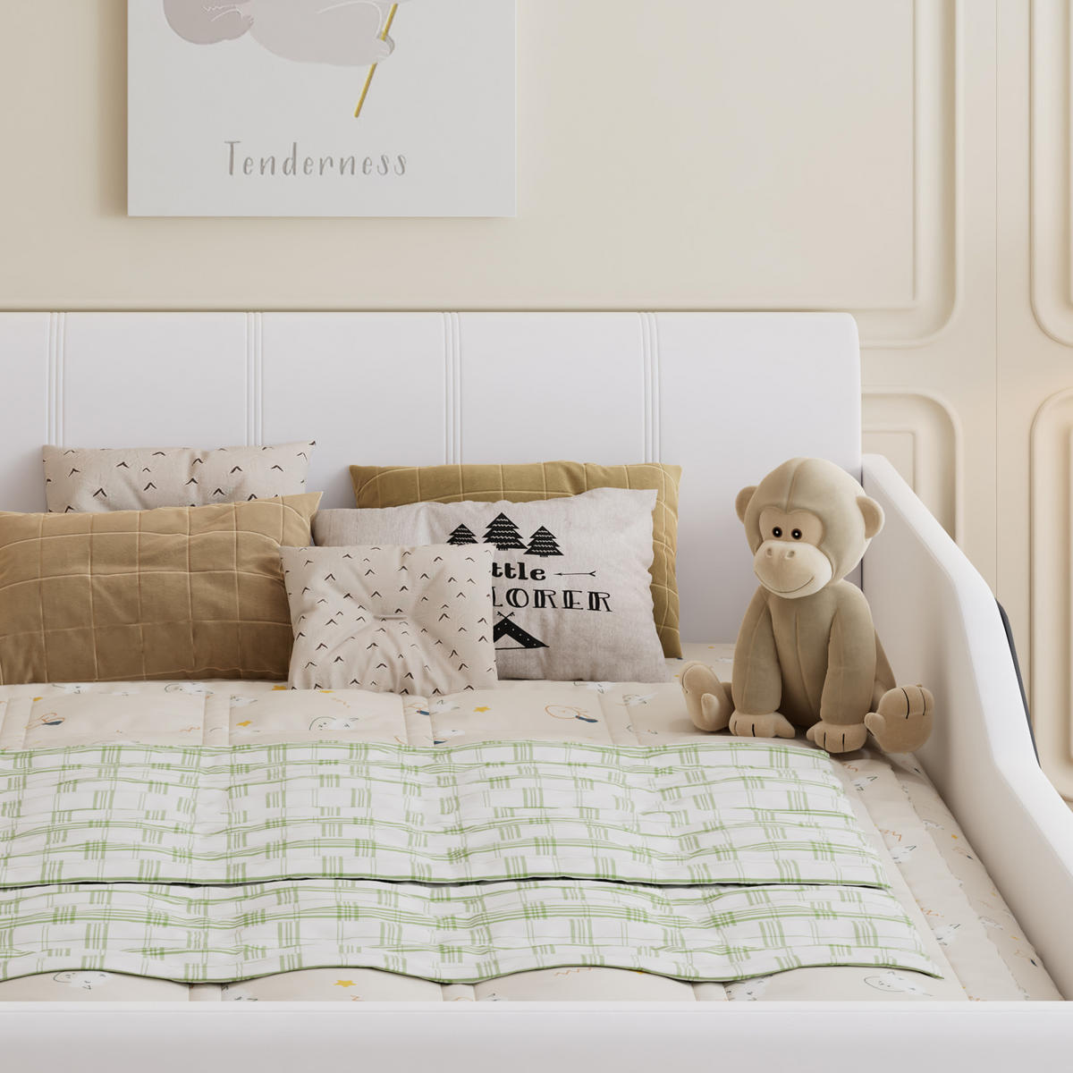 KINDERBETT 140/200 cm in Weiß Samt mit Schreibtisch, Hocker und Ablageboden - Weiß, Holzwerkstoff/Textil (140/200cm) - WISHDOR