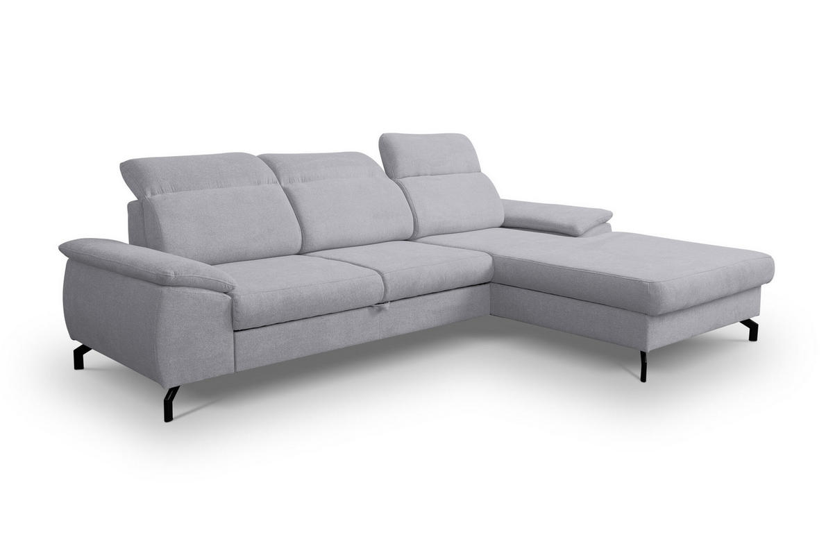 ECKSOFA MALIBU mit Schlaffunktion und Bettkasten, Farbe: Helgrau, Velourstoff, Ottomane Rechts - Hellgrau, Textil (276/184cm) - VENASI MÖBEL