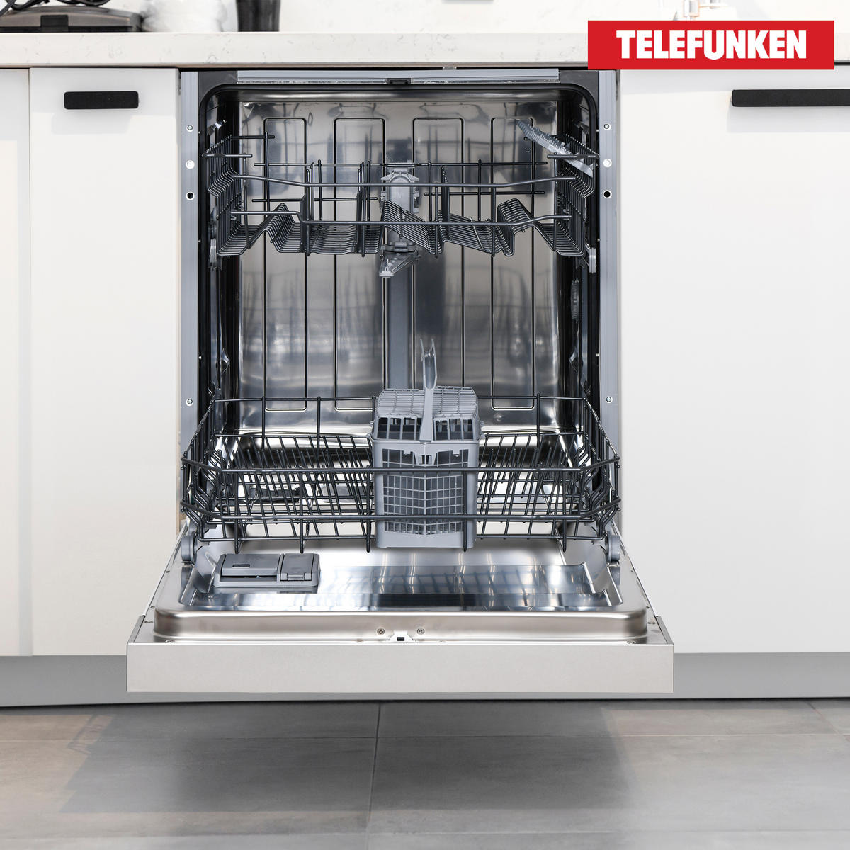 GESCHIRRSPÜLER, 60 cm teilintegrierbar, Einbau Spülmaschine, 12 Maßgedecke, 6 Programme, AquaStop, Startzeitvorwahl, Auto-Door, leise 45 dB, GET6012DI - Silberfarben/Schwarz, Kunststoff/Metall (59.8/82/57cm) - Telefunken