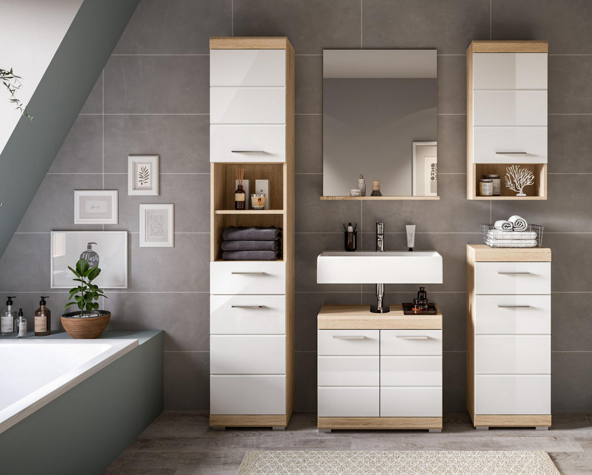 BADMÖBEL-SETWEISS Hochglanz, Eiche 5-teilig 164 cm, Komplettset mit viel Stauraum - Weiß Hochglanz/Eichefarben, Holzwerkstoff (164/191/34cm) - Inn.Furn