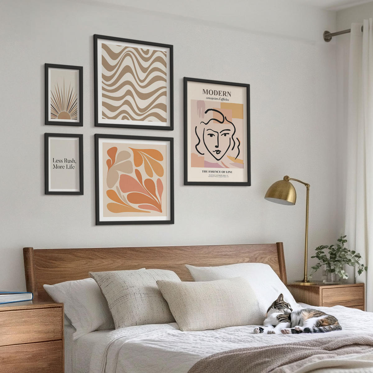 BILDER SET 5er Set - 50x50 cm & 20x30 cm & 40x60 cm Schwarzer Rahmen - Sonnen-Boho-Pastelltönen - Schwarz, Kunststoff (40/60cm) - TULUP