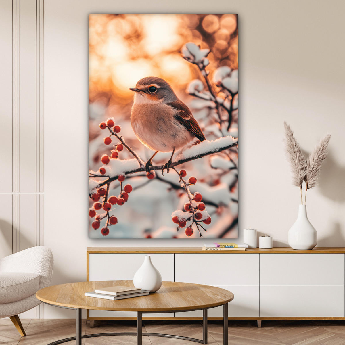 LEINWANDBILD Vogel - Zweig - Winter - Tiere - Schnee Deko XXL 80x120 cm - Bernsteinfarben, Textil (80/120cm) - MuchoWow