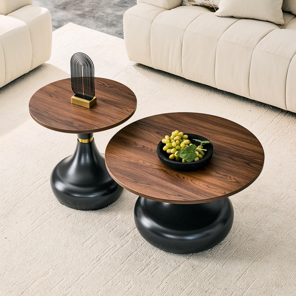 COUCHTISCH 2-tlg Rund Ø70cm/Ø50cm Sanduhrform Walnuss-Holzoptik Metallgestell - Schwarz, Metall (50/52/37cm) - Raelunyi