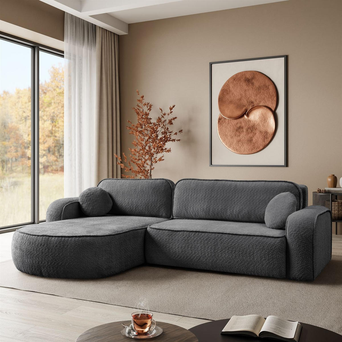 Eckcouch VENUS II mit Bettkasten, Coral 80 - Dunkelgrau, Textil (275/178cm) - Lookway