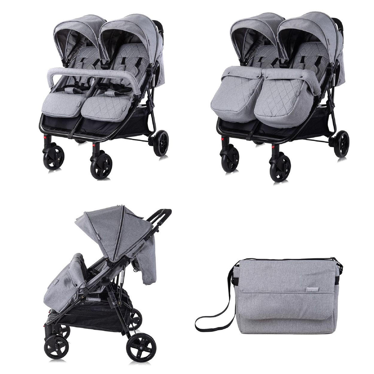 GESCHWISTERKINDERWAGEN DUO hellgrau klappbar verstellbar Fußabdeckung Wickeltasche - Hellgrau, Metall (76/88/105cm) - Lorelli