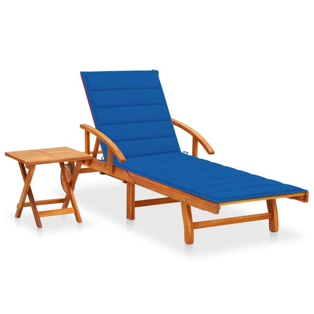 SONNENLIEGE mit Tisch und Auflage Akazie Massivholz - Blau, Holz (67/85/200cm) - furnicato