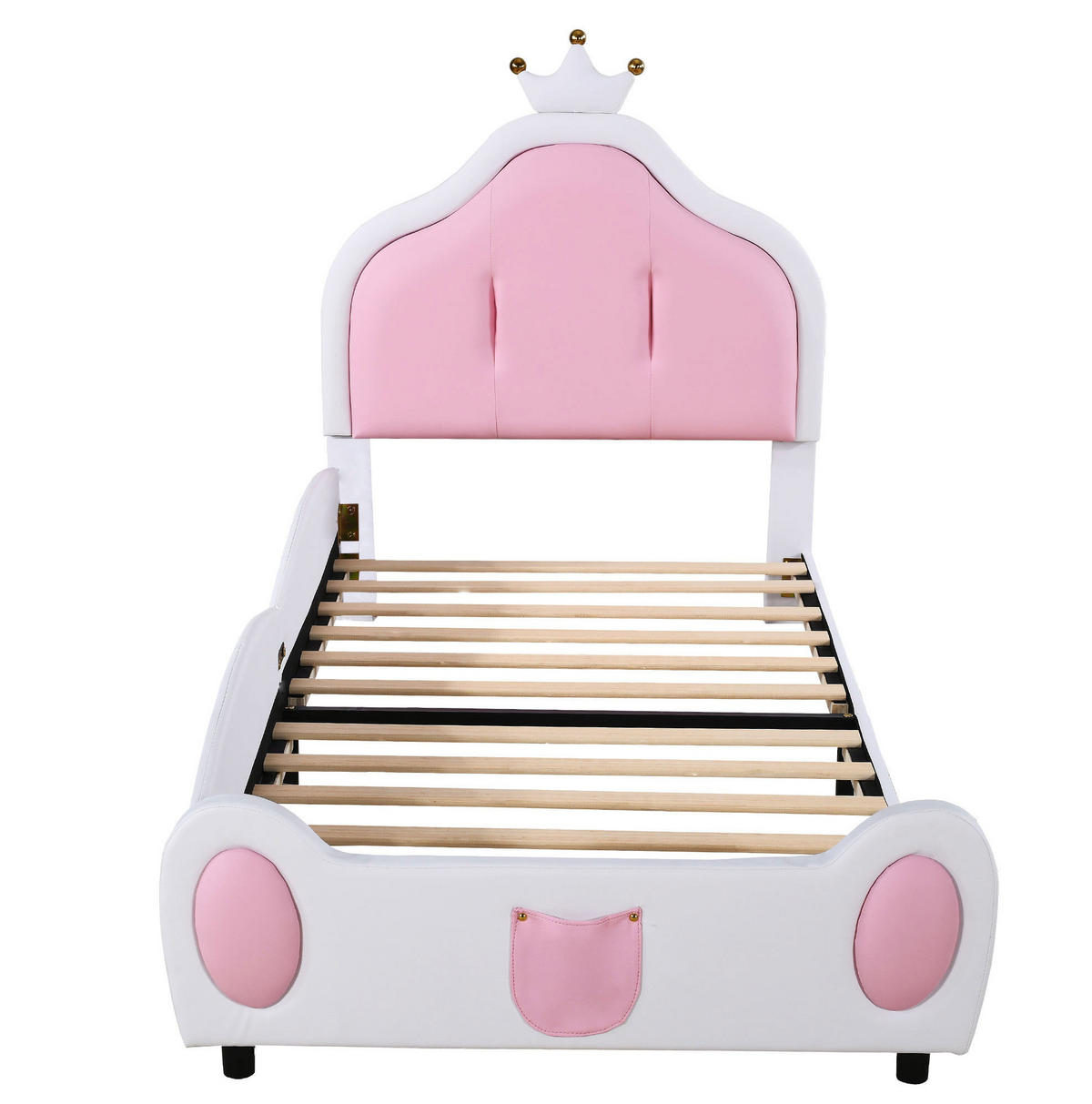 KINDERBETT 90/200 cm aus Kunstleder in Weiß/Rosa mit Kronen-Kopfteil - Weiß, Textil (90/200cm) - BEAOK