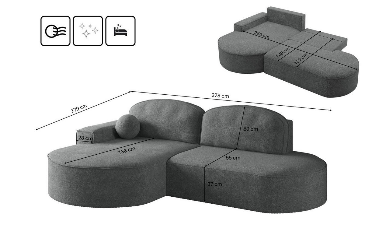 ECKSOFA mit Schlaffunktion und Bettkasten Modena Runden stoff Arena Grau Links - Grau, Holz (179/278cm) - Kaiser Möbel