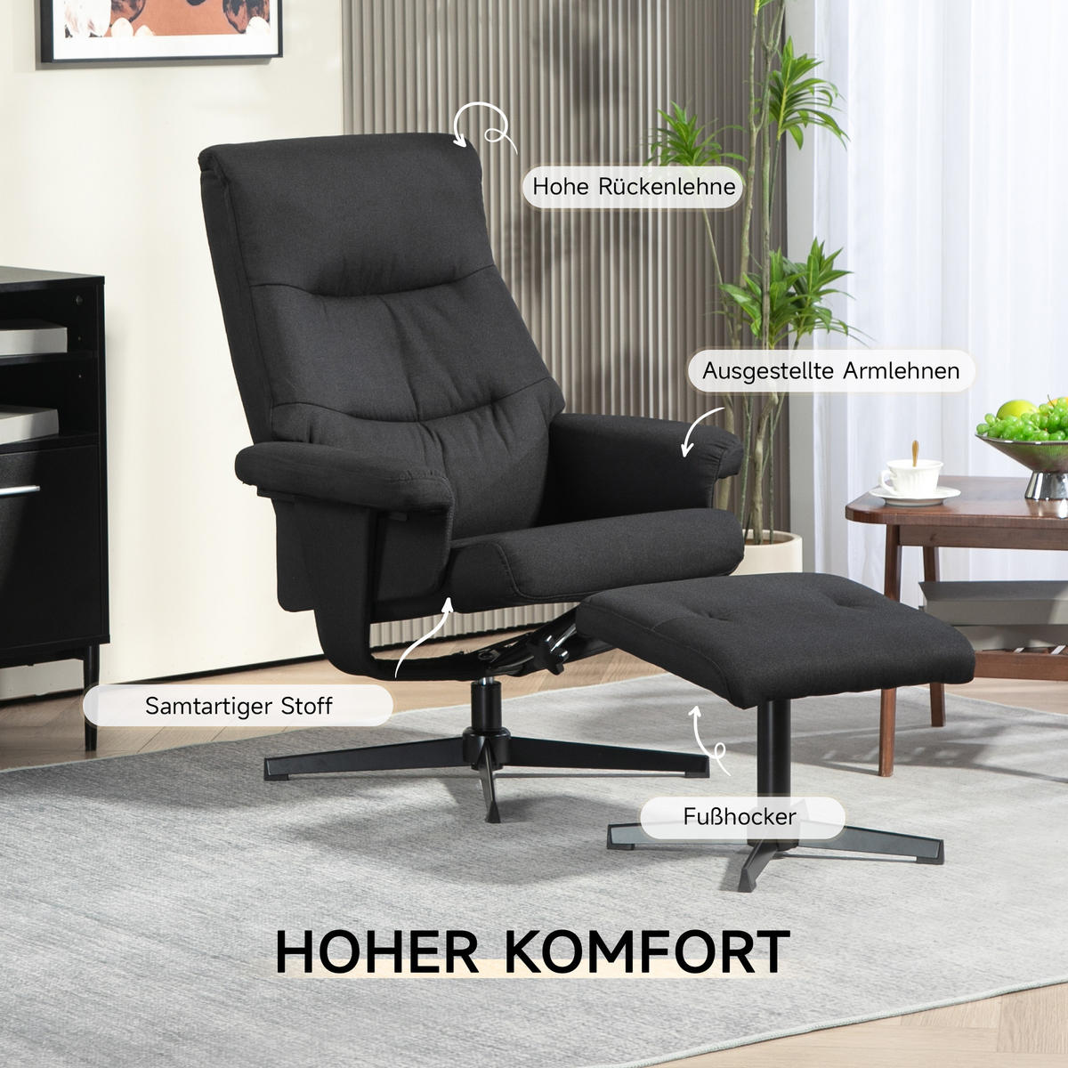 RELAXSESSEL mit Hocker, Gepolstert Fernsehsessel mit Liegefunktion, Schwarz - Schwarz, Textil/Metall (81/102/74cm) - HOMCOM