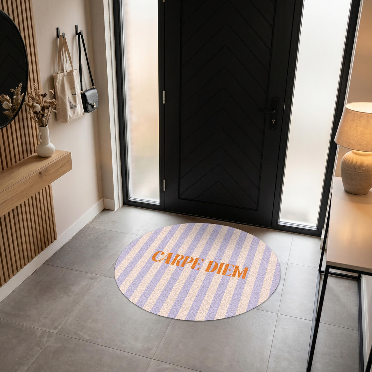FUSSMATTE Lila – Orange – Streifen – Carpe Diem 120x120 cm - Flieder, Kunststoff (120/0.4cm) - MuchoWow