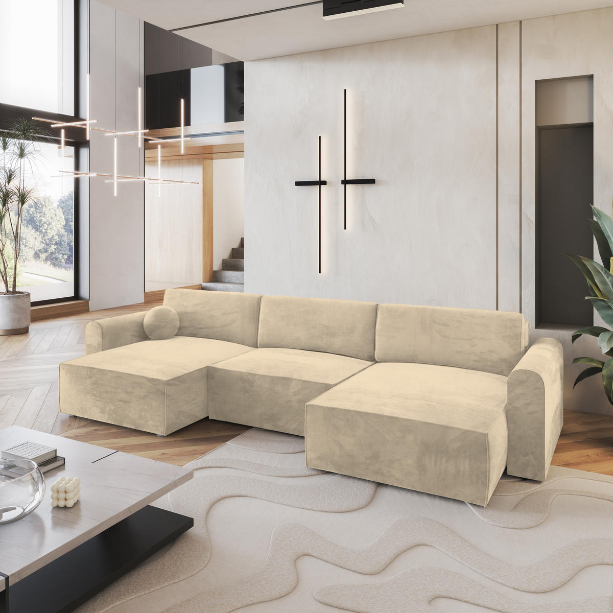 WOHNLANDSCHAFT FENTO M Creme Velours-Stoff mit Schlaffunktion - Creme, Holz (347/90/148cm) - MASSENO