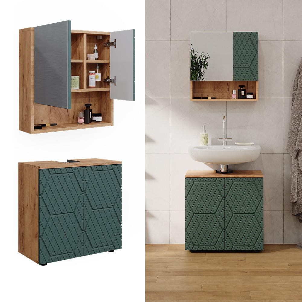 BADMÖBEL-SET Irma Grün 2 Teile, Unterschrank 60 cm - Eiche Wotan/Grün, Holzwerkstoff (80/58.6/41cm) - Vicco