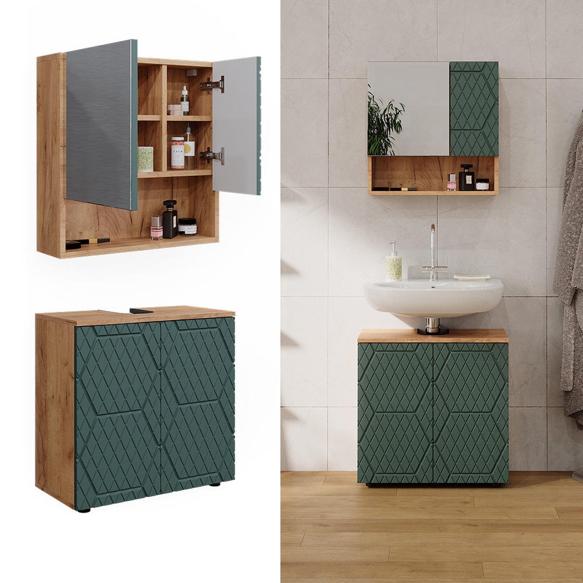 BADMÖBEL-SET Irma Grün 2 Teile, Unterschrank 60 cm - Eiche Wotan/Grün, Holzwerkstoff (80/58.6/41cm) - Vicco