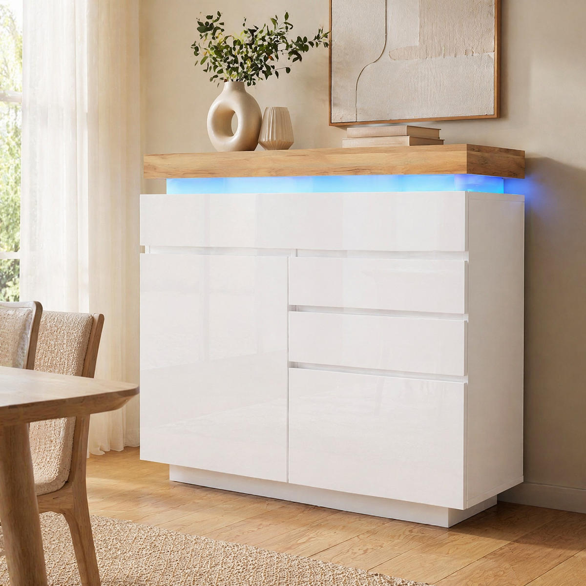 KUCHYŇSKÁ SKŘÍŇ bílá lesklá, zásuvky, LED osvětlení, do obývacího pokoje a ložnice, 110×39×115 cm - bílá, kompozitní dřevo (110/115/39cm) - STILVORA