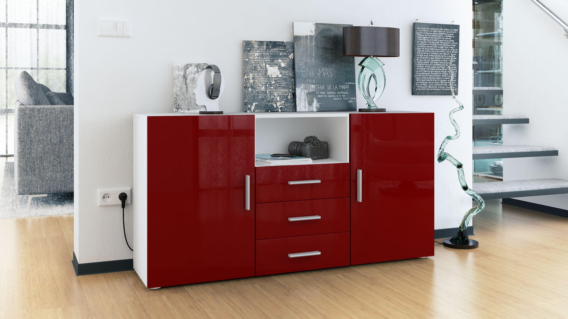 SIDEBOARD Skadu Front in Bordeaux Hochglanz - Bordeaux, Holzwerkstoff (138.5/71.5/35cm) - Vladon