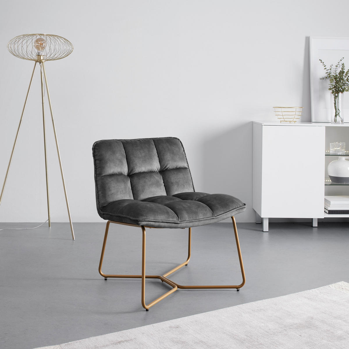 SESSEL Rina Grau Samt Gepolstert - Grau, Holz (67/76.5/69.5cm) - Bessagi Home