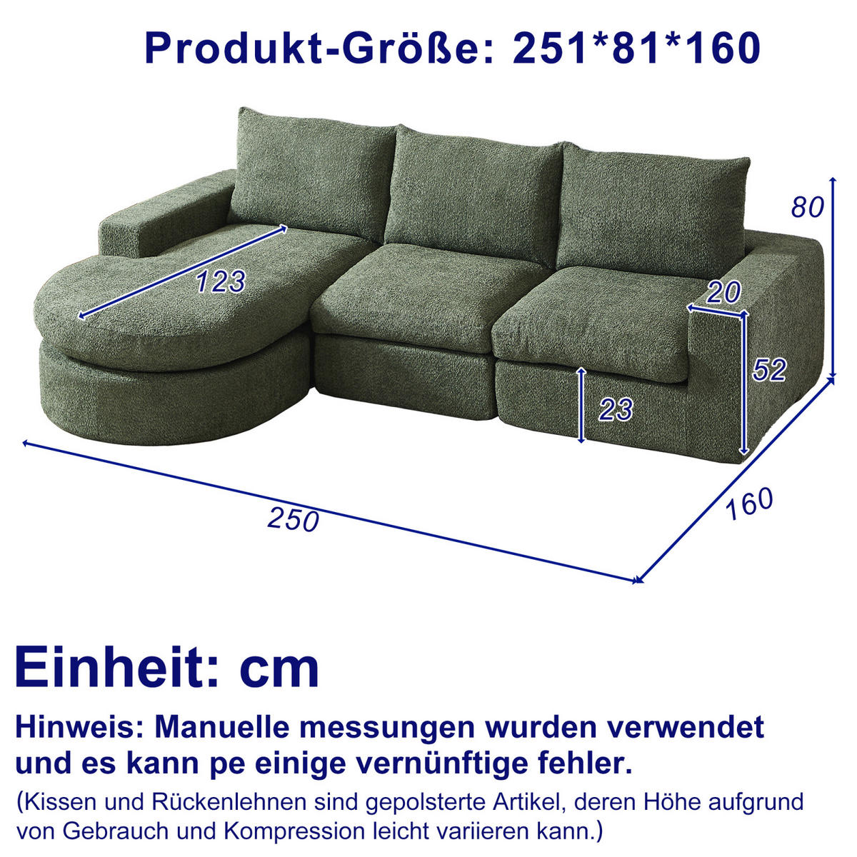 ECKSOFA,3-SITZER sofa Grün, Modular Sofa Chenille,ohne Montage - Grün, Textil (250/120cm) - PARAFTA HOME