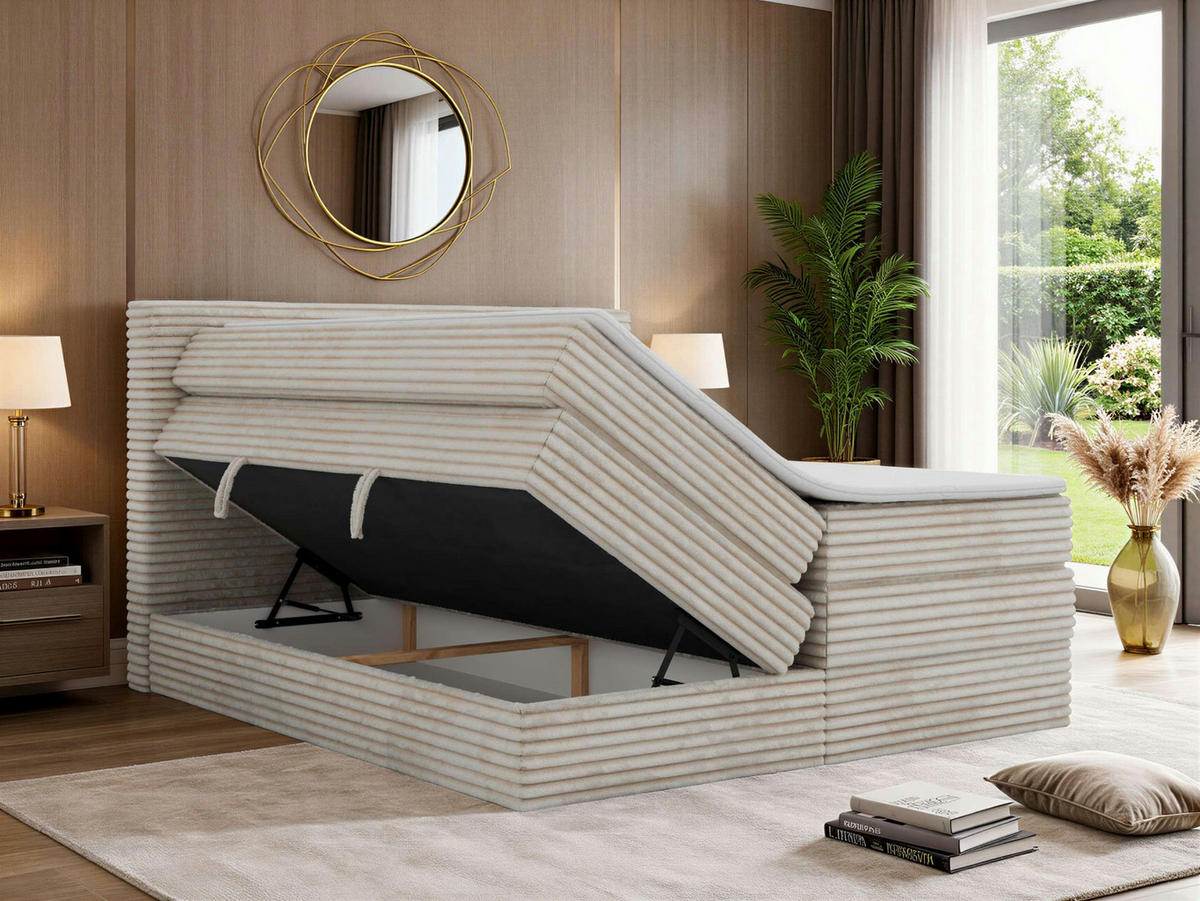 BOXSPRINGBETT TILION KING 140/200 - Beige Cord - Topper Visco - H3 - Beige/Schwarz, Kunststoff/Textil (140/200cm) - MKS