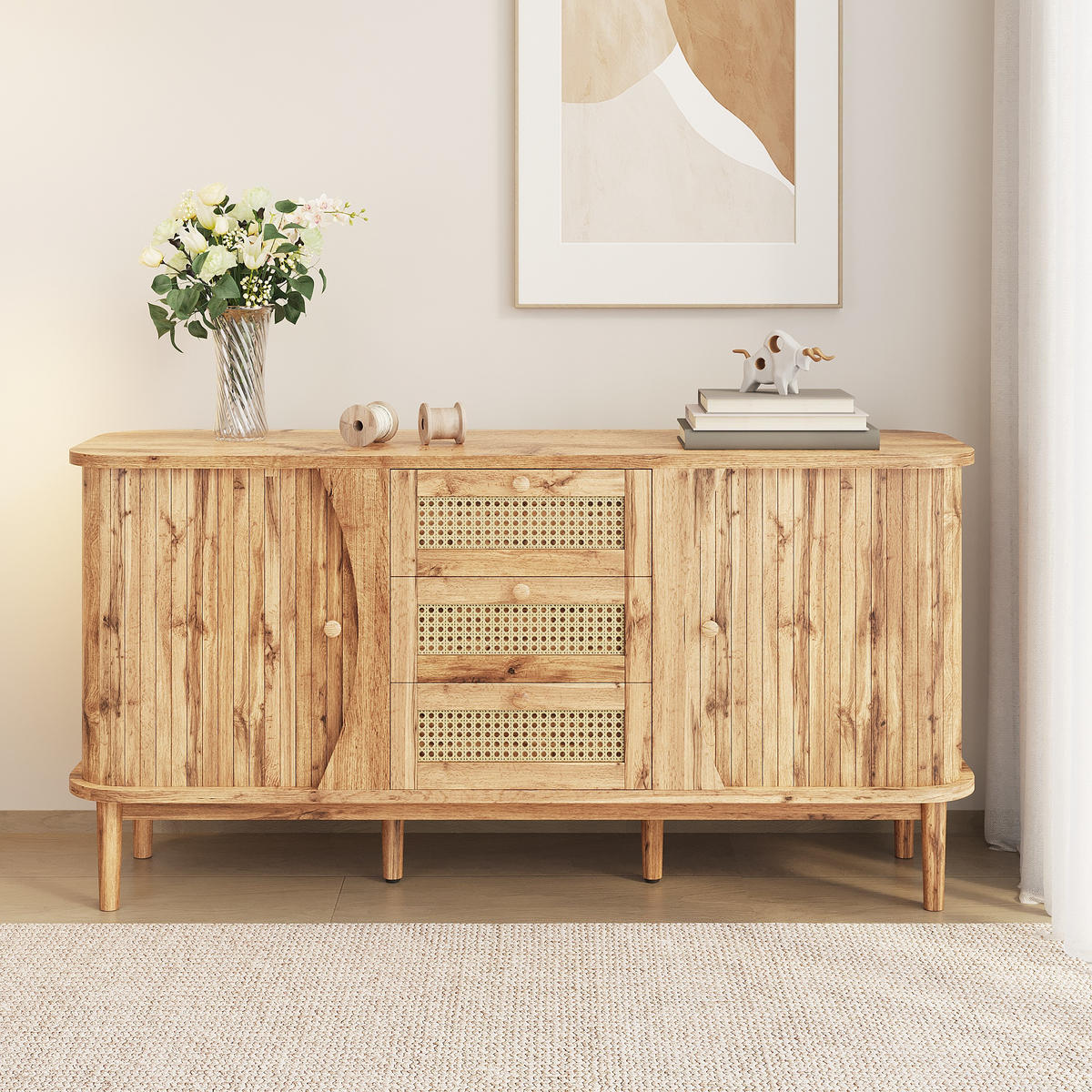 SIDEBOARD Rattan Schiebetüren verstellbare Böden modern - Naturfarben, Holzwerkstoff (40/76/140.5cm) - FLIEKS