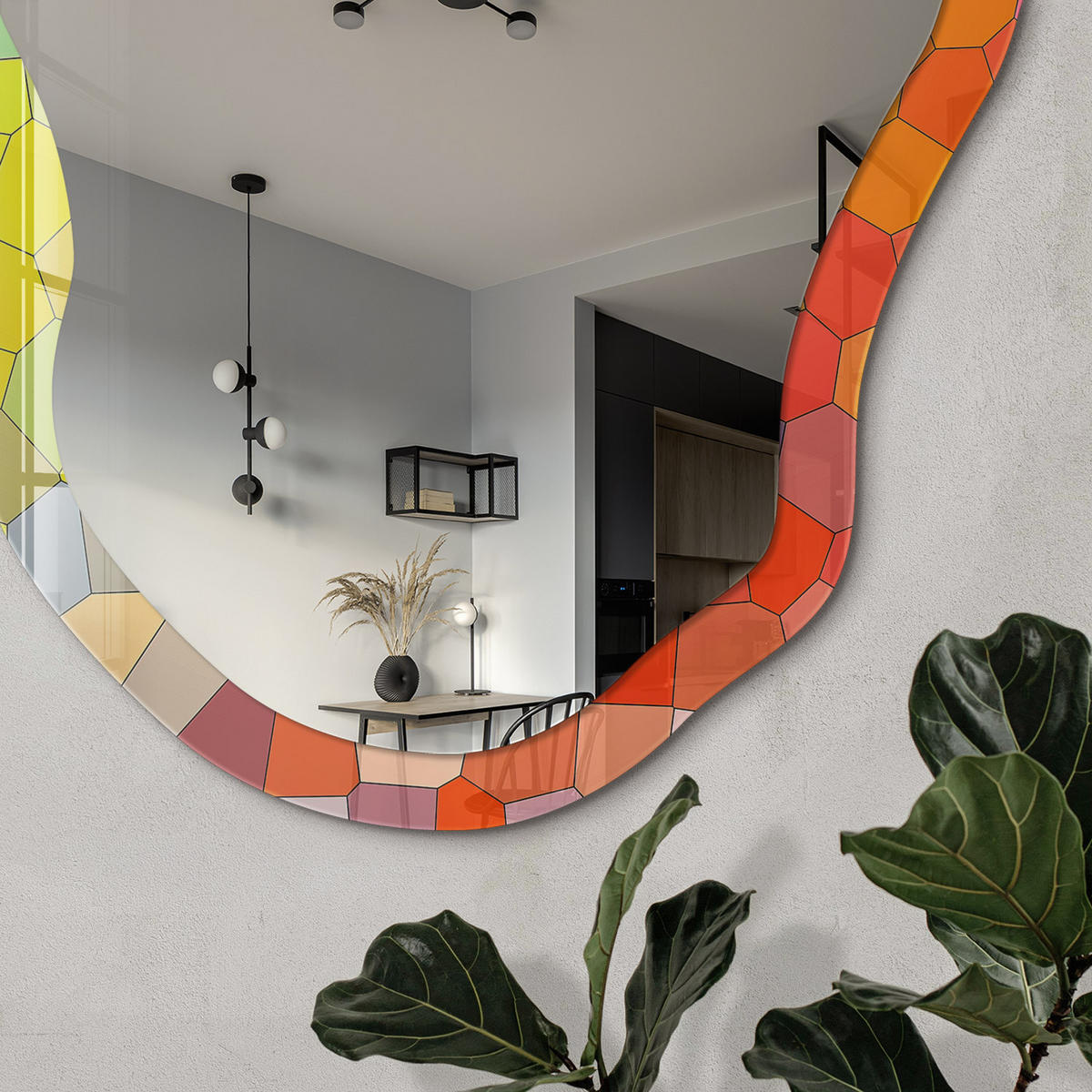 SPIEGEL 90x45 cm asymmetrisch mit Druck - Farbenfrohes Mosaik - Transparent, Glas (45/90/0.4cm) - TULUP