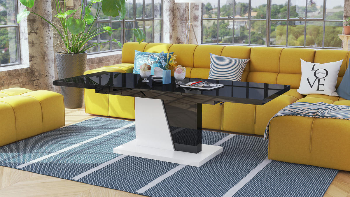 COUCHTISCH rechteckig Schwarz Hochglanz - Weiß matt ausziehbar höhenverstellbar - Schwarz Hochglanz/Weiß, Holzwerkstoff (70/120/60cm) - designimpex