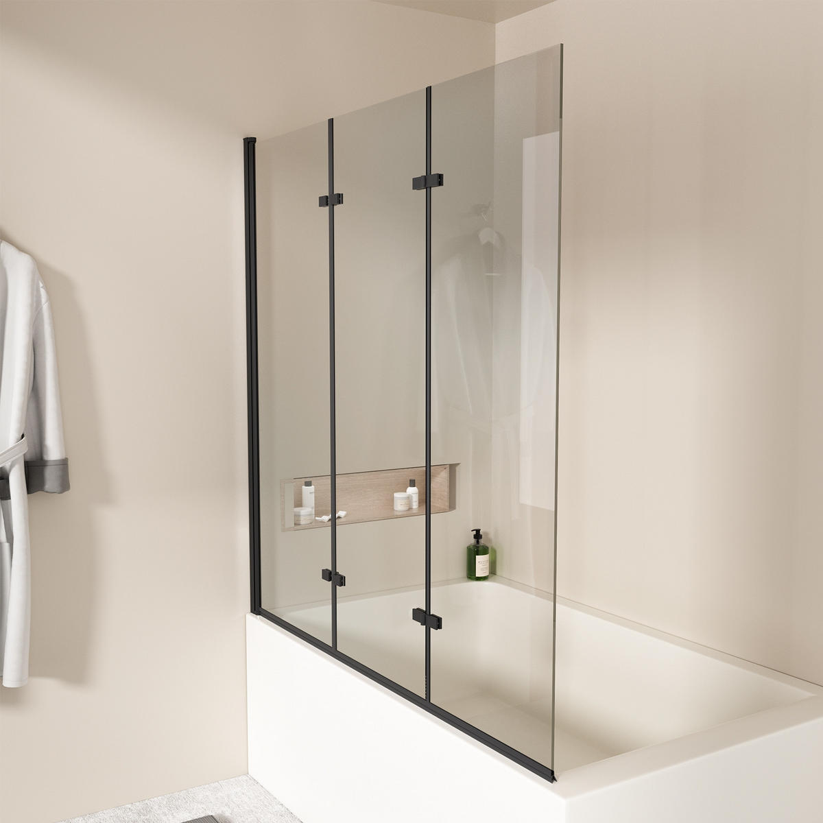 BADEWANNENAUFSATZ 3-teilig faltbar schwarz 130/140 cm - Schwarz, Glas (130/140cm) - EMKE