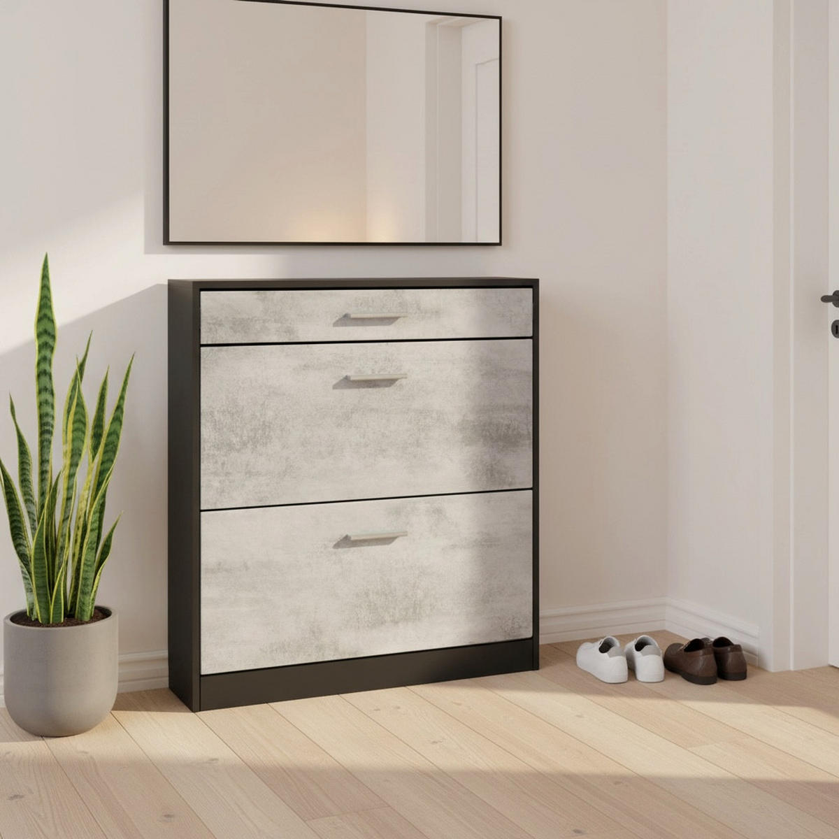 SCHUHSCHRANK Roma Schmal mit 2 Klappen und 1 Schublade, Platzsparender Schuhkipper, Schwarz/Beton Oxid Optik (89 x 95,5 x 23 cm) - Graphitfarben, Holzwerkstoff (89/95.5/23cm) - InnoFurn