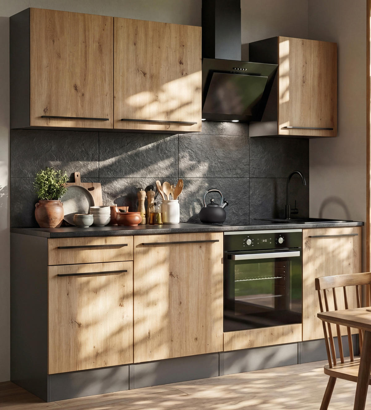 KÜCHENZEILE Eiche Artisan, Grau 7-teilig 220 x 210 cm, Küchenschrank Set mit viel Stauraum - Anthrazit/Eiche Artisan, Holzwerkstoff (220/210/60cm) - Inn.Furn