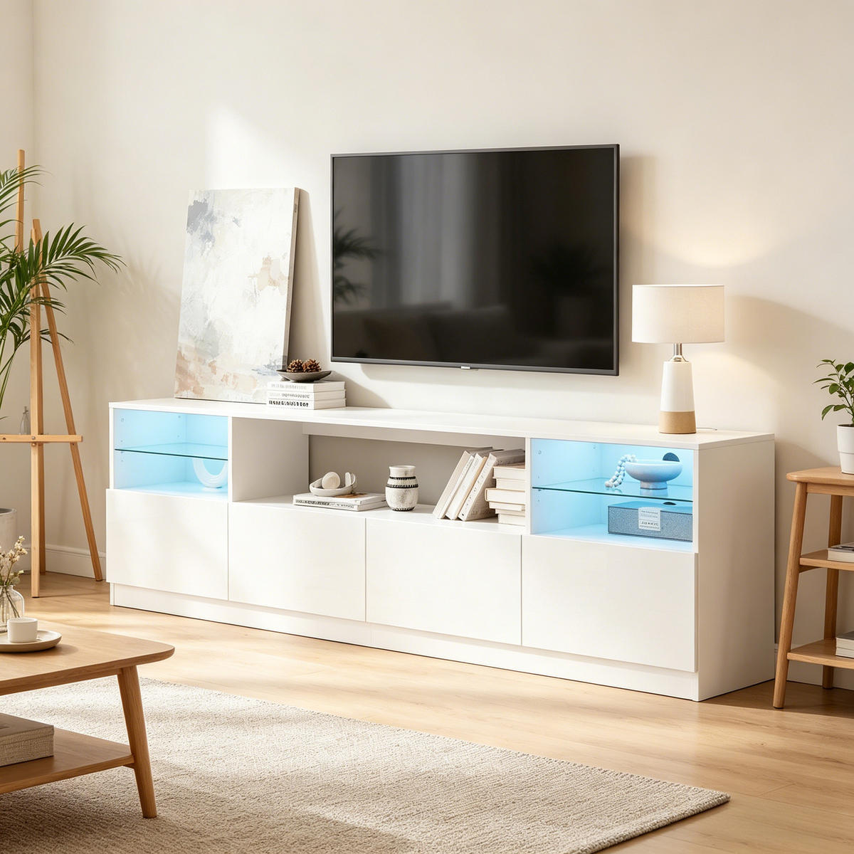 TV-ELEMENT 180/35/60 cm Hochglanz Weiß mit LED-Beleuchtung und 4 Türen - Weiß, Holzwerkstoff (35/60/180cm) - Korfee