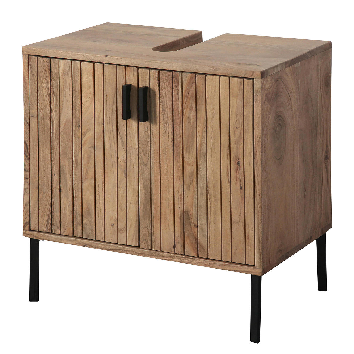 MASSIVER WASCHBECKENUNTERSCHRANK - Massivholz Akazie - Schwarz/Akaziefarben, Holz/Metall (60/60/32cm) - home24