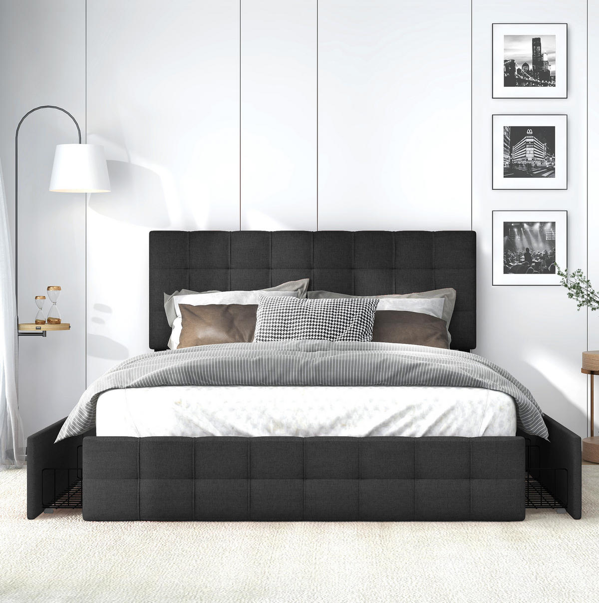 POLSTERBETT aus Leinen 140x200 cm in Schwarz mit 4 Schubladen & verstellbarem Kopfteil - Schwarz, Textil (140/200cm) - Modfu